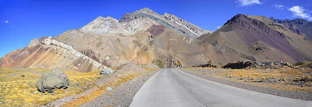 Panoramic view of road in Andes Mountains, Aconcagua Provincial Park, Mendoza, Argentina