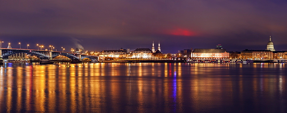 Illuminated waterfront skyline, Germany, Rhineland-Palatinate, Mainz