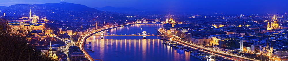 Illuminated cityscape with Danube River, Hungary, Budapest