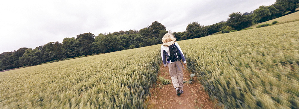 Hiker walking on path through field