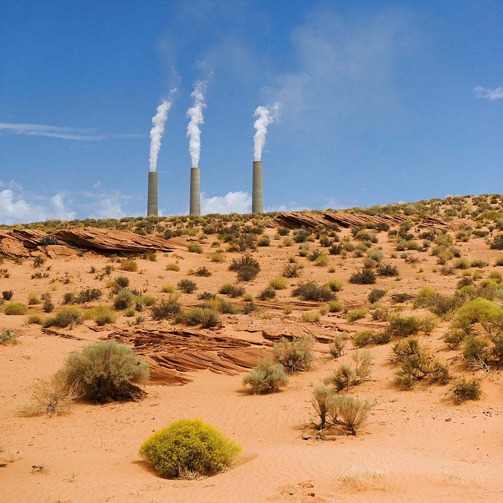 Smokestacks of power plant on Navajo reservation in Arizona