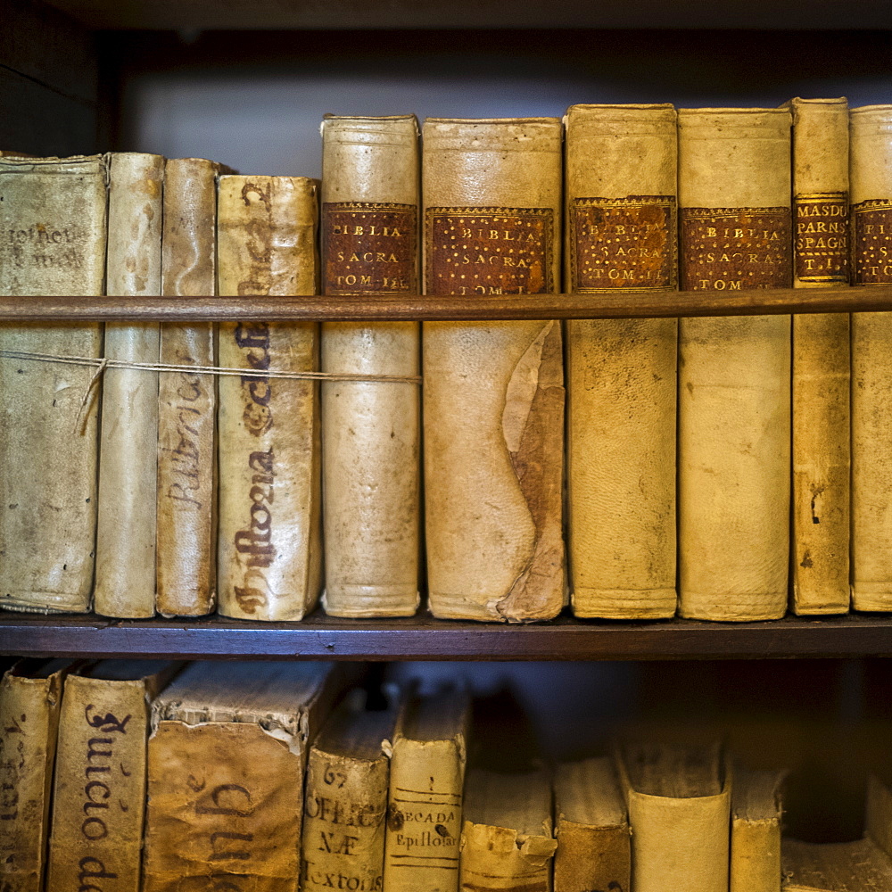 Spain, Mallorca, Monastery in Valldemossa, Books in library, Valldemossa, Mallorca, Spain