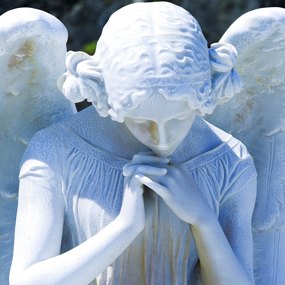 Puerto Rico, Old San Juan, Santa Maria Magdalena Cemetery, Close-up view of praying angel statue