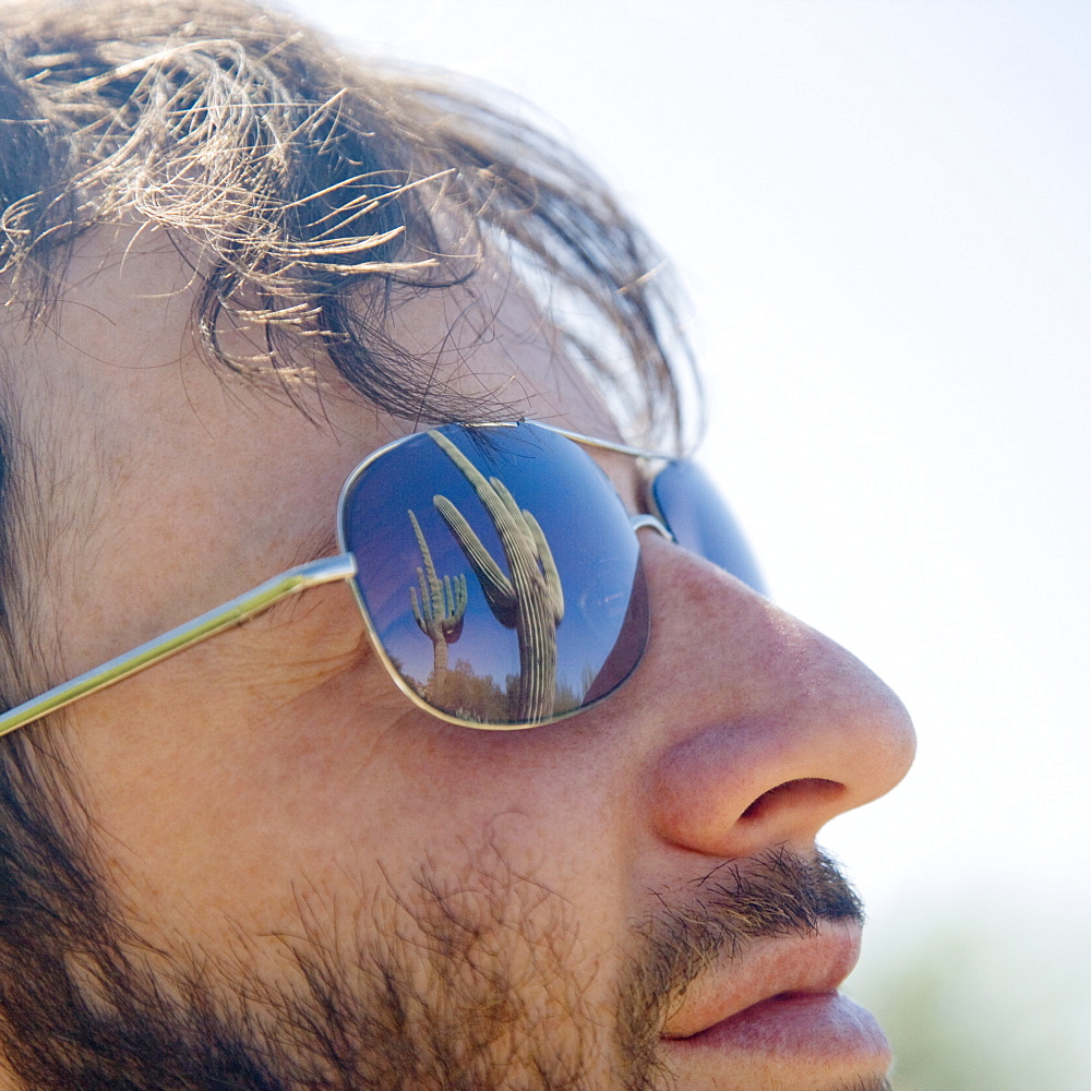 Close up of man wearing sunglasses