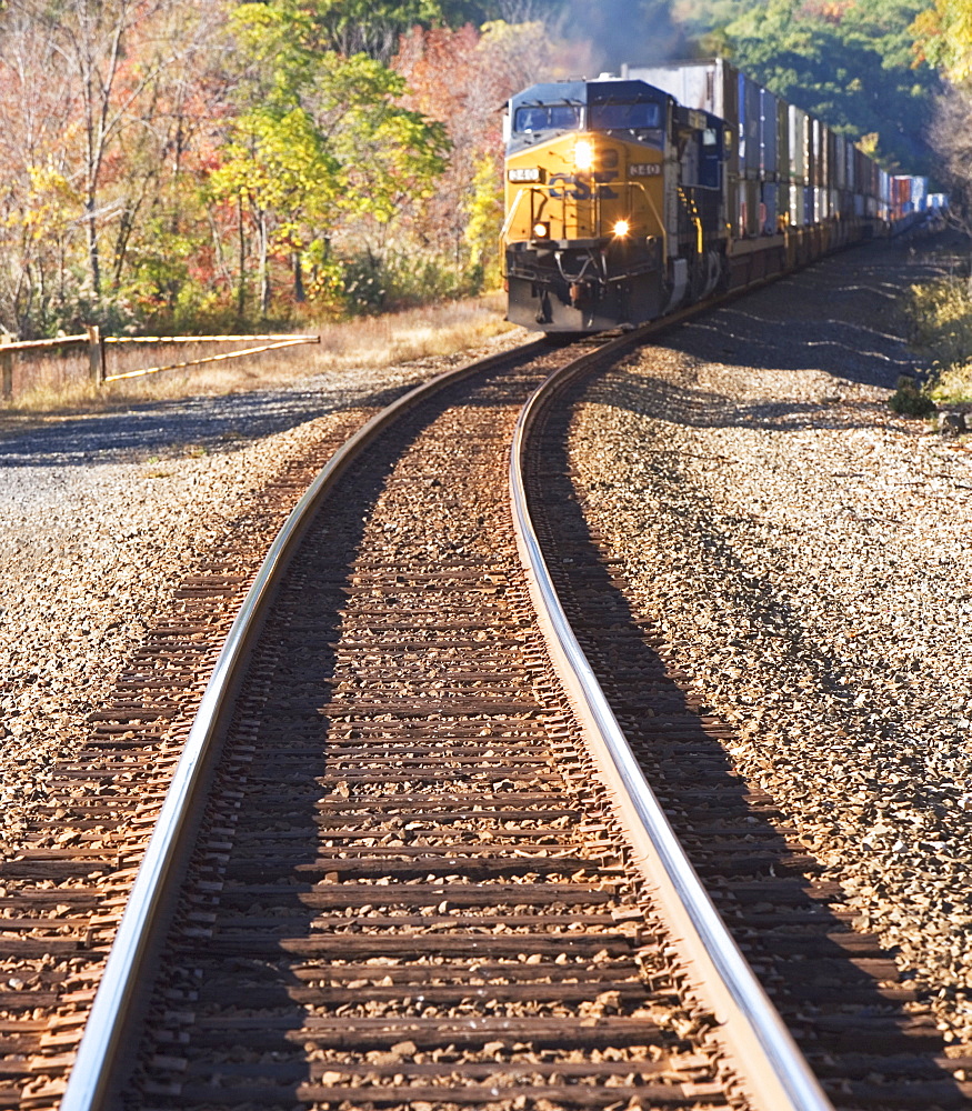 Freight train moving down tracks