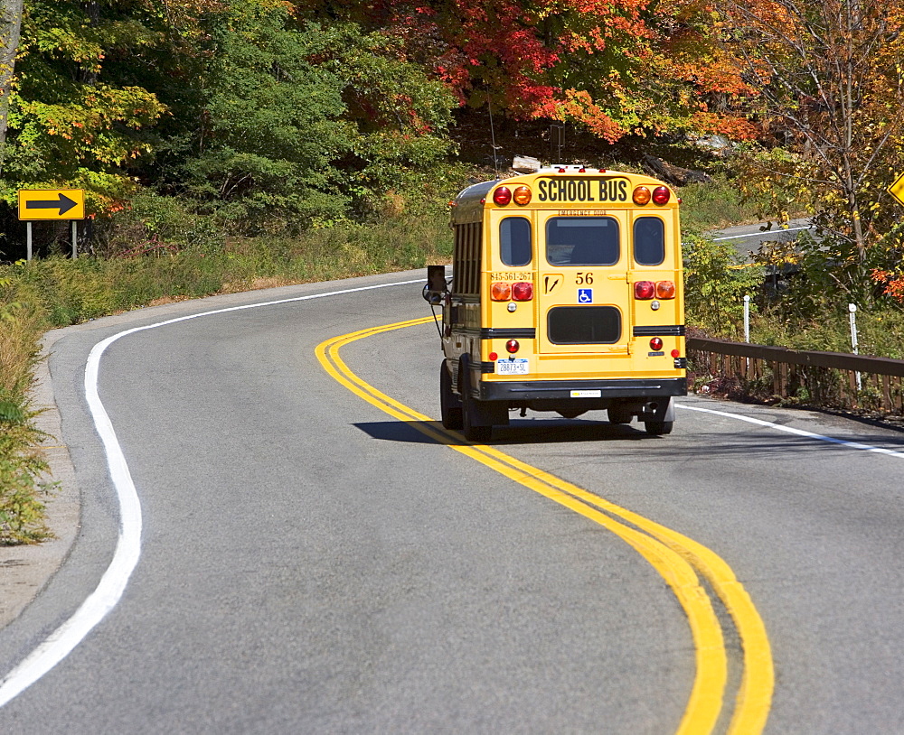 School bus driving down rural road