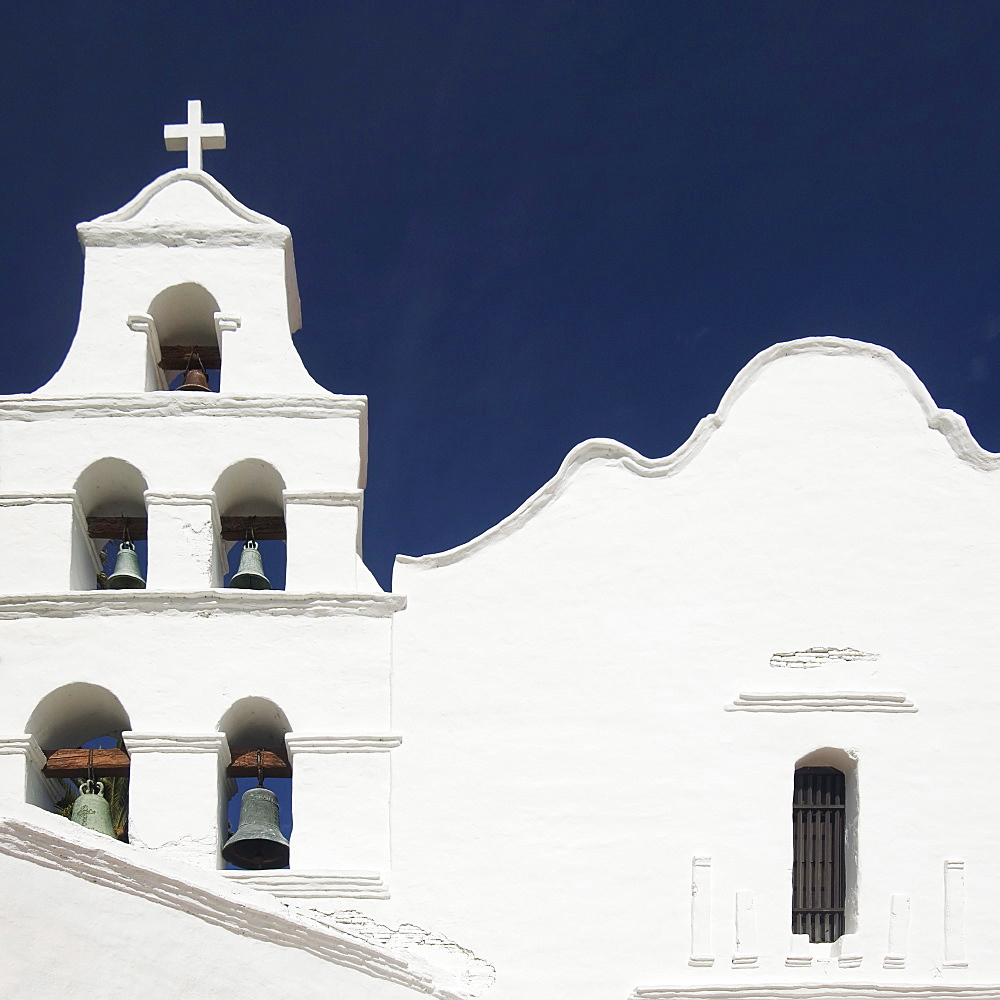 Building facade and church bells, Mission San Diego de Alcala, San Diego, California, United States