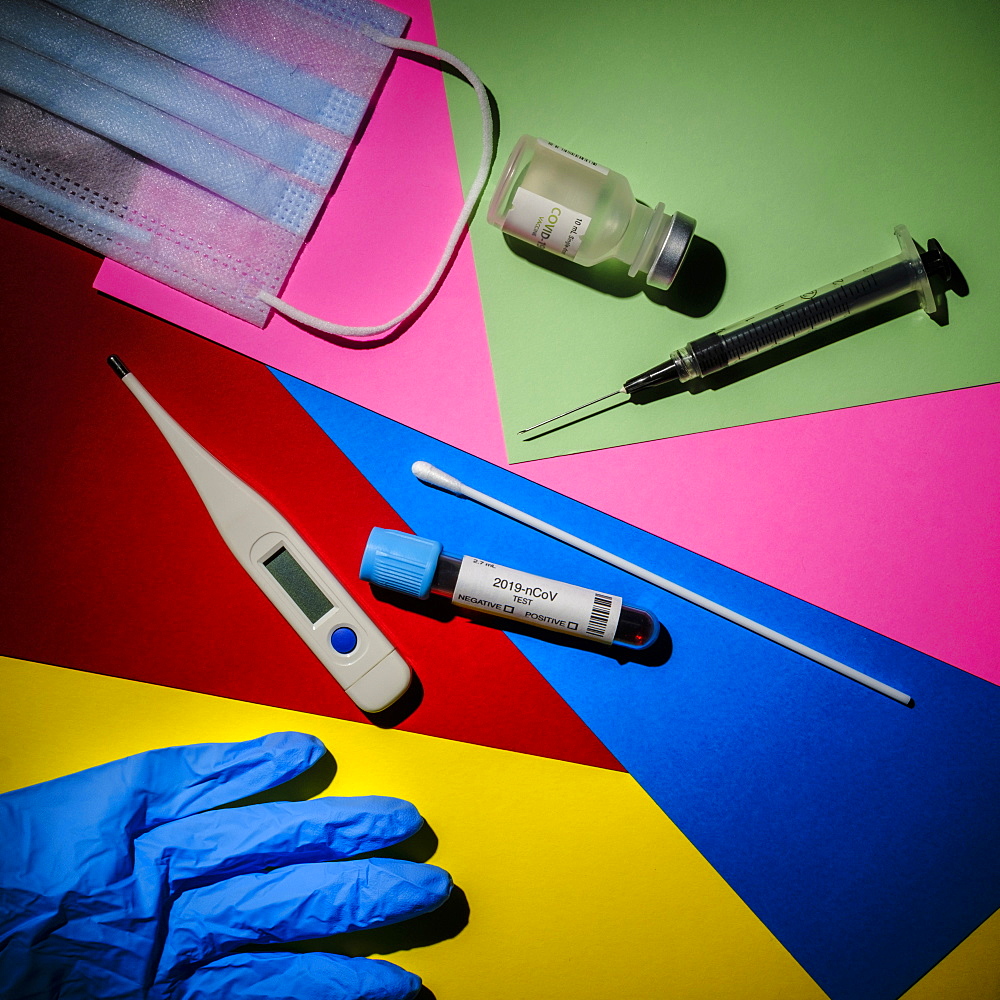 Colorful graphic layout of medical items