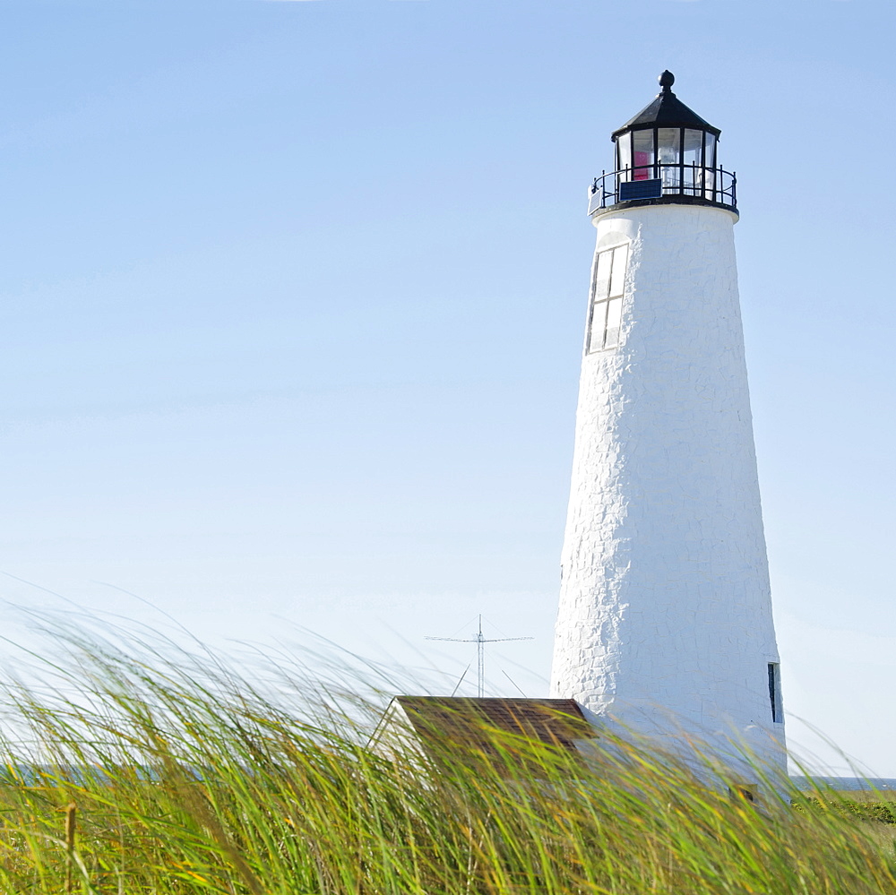 Great Point Lighthouse against clear sky with marram grass in foreground, Nantucket, Massachusetts, USA