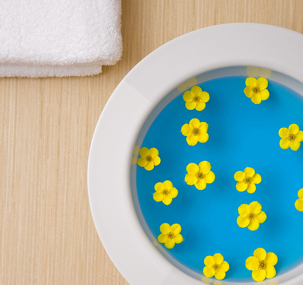 Bowl of water and fresh flowers at spa