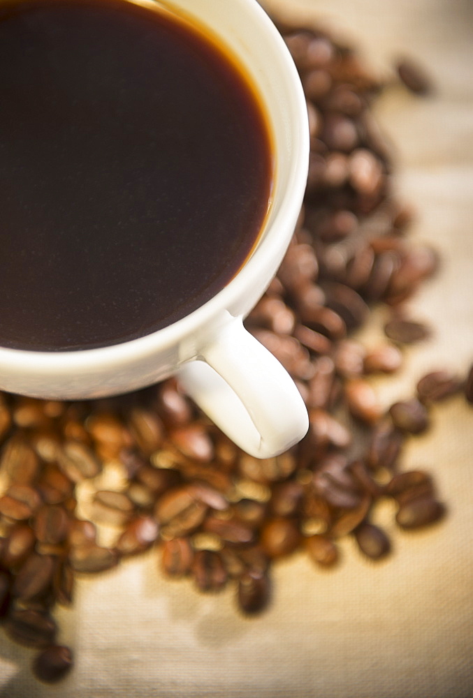 Studio shot of cup of coffee and roasted coffee beans