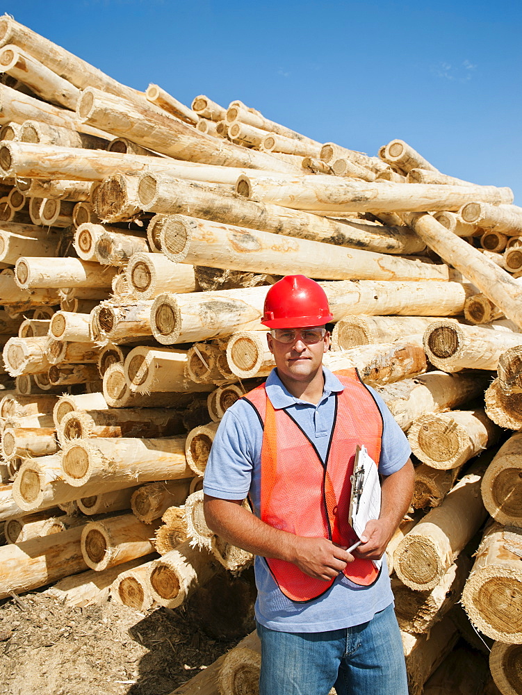 Engineer in front of stack of timber