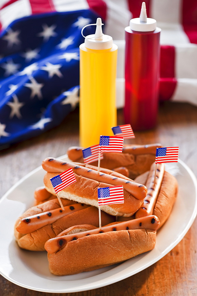 American flags in hot dogs