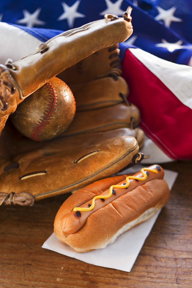 Baseball glove hotdog and American flag