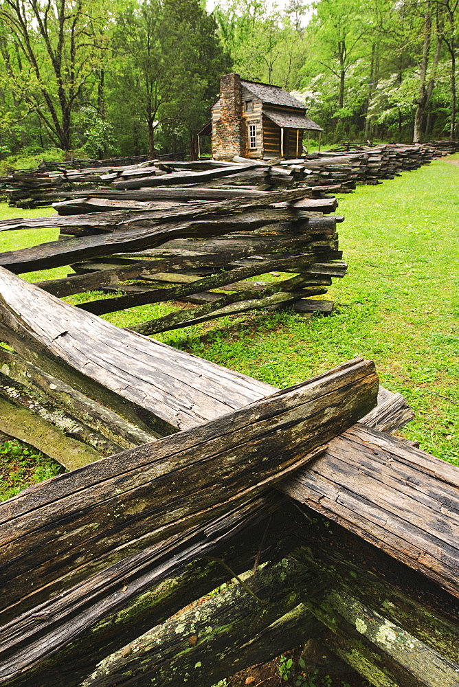 A fence and cabin in Smoky Mountain National Park