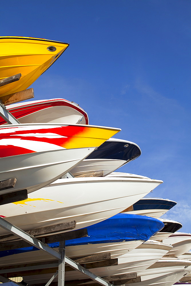 Boats stacked on rack