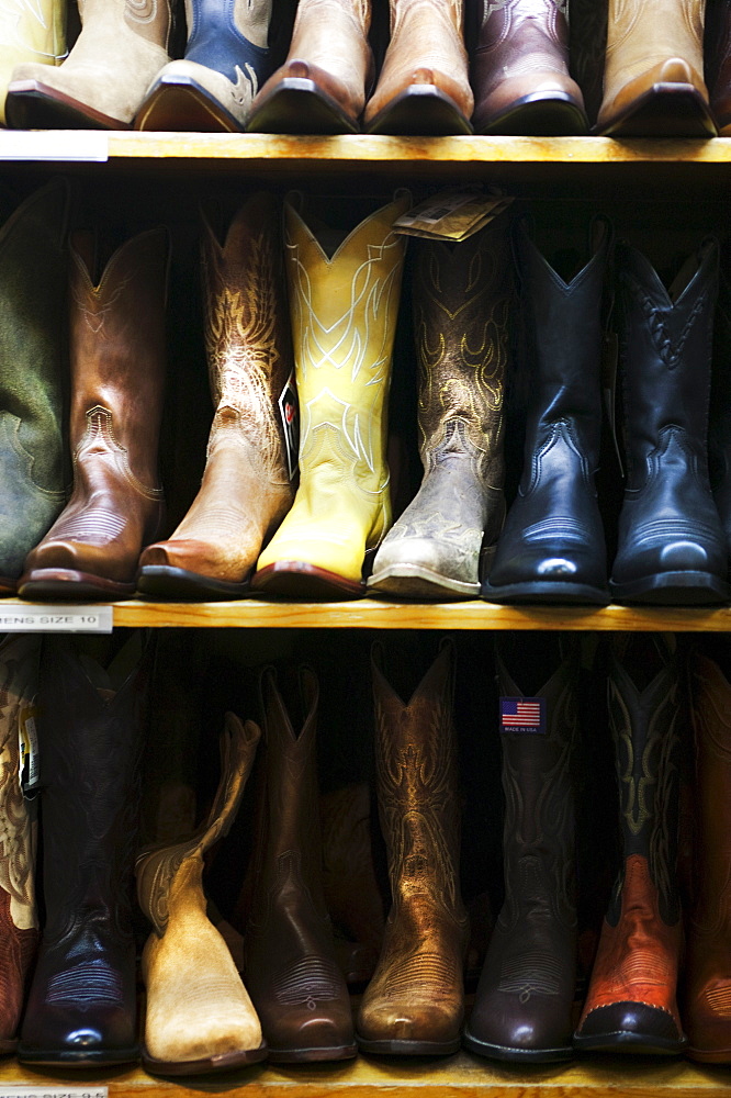 Boot in row on shelves in shop, Aspen, Colorado, USA 