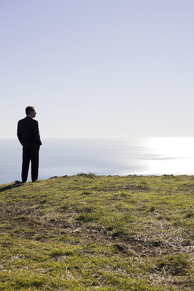 Businessman looking toward ocean