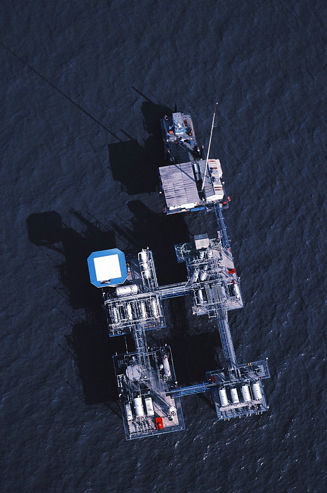 Aerial view of oil rig platform in the Gulf of Mexico