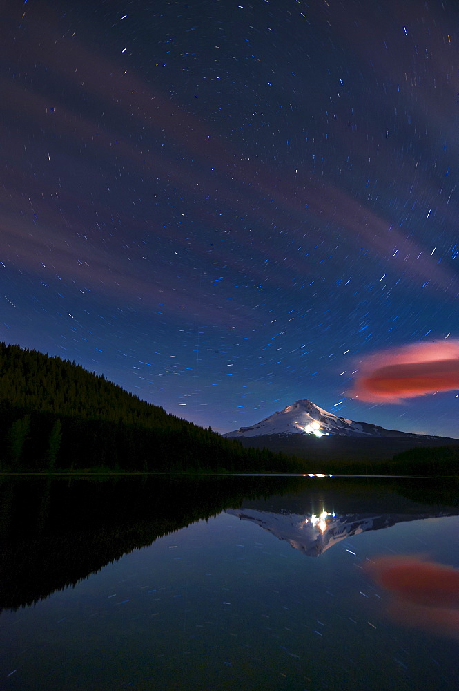 USA, Oregon, Clackamas County, View of Trillium Lake with Mt Hood in background at night