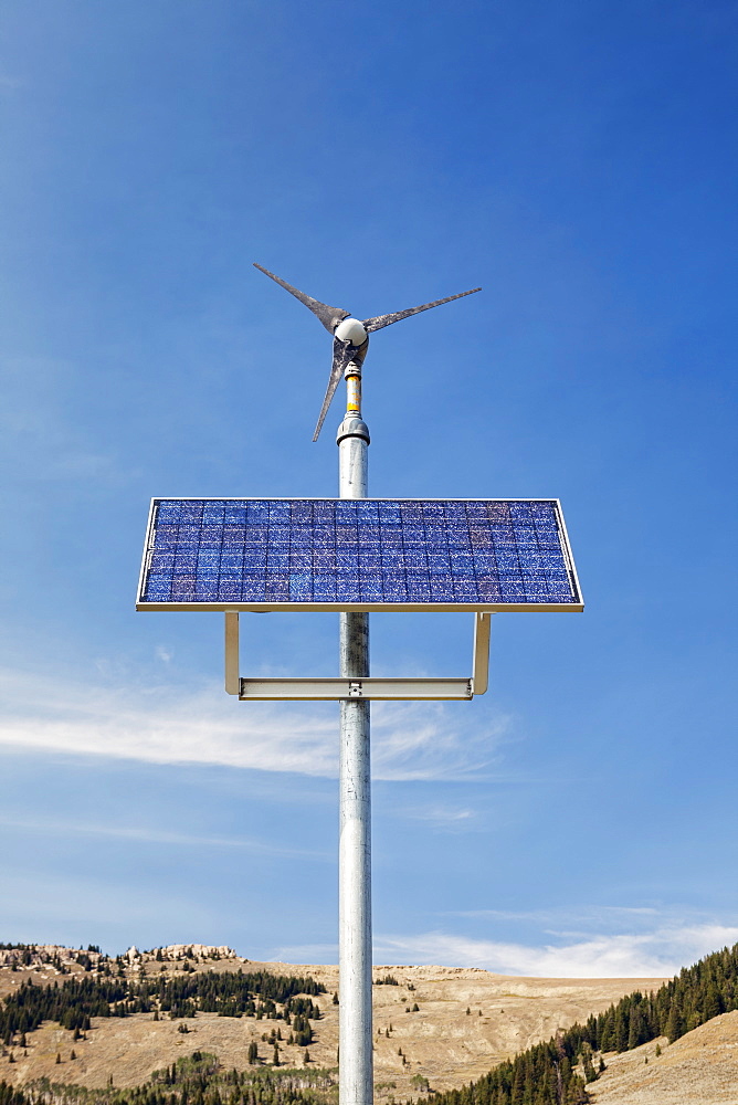 Wind turbine and solar panel near Manderson, Wyoming