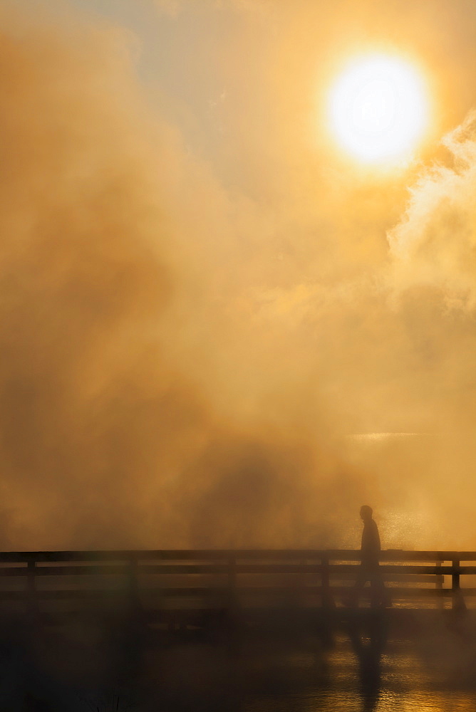 Sunrise, steam and boardwalk, West Thumb Geyser Basin, Yellowstone National Park, Wyoming