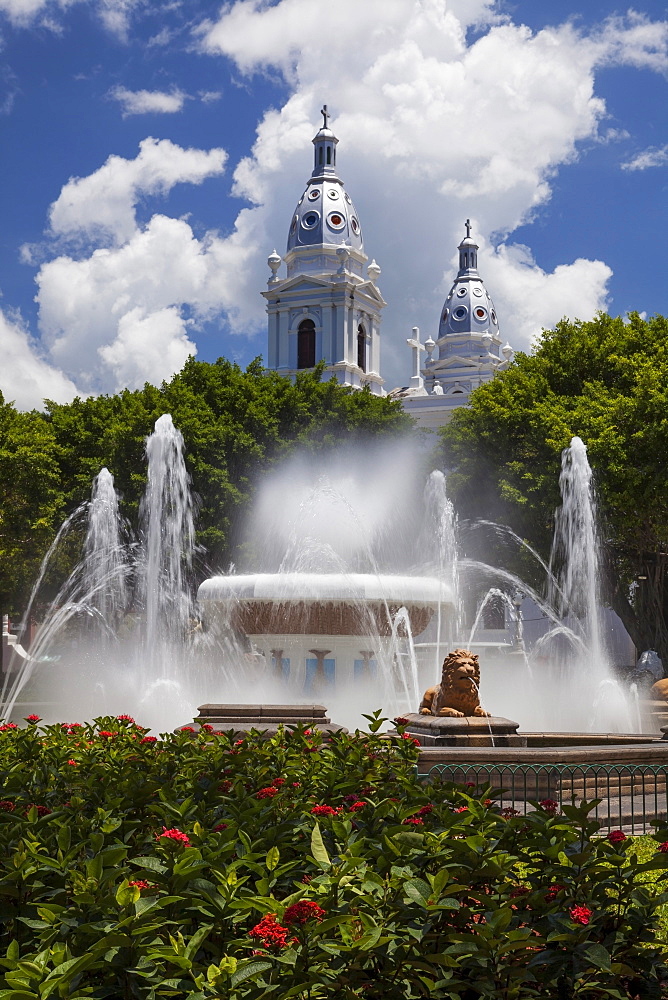 The Fountain of the Lions with Ponce Cathedral (built in 1670) in background, Ponce, Puerto Rico