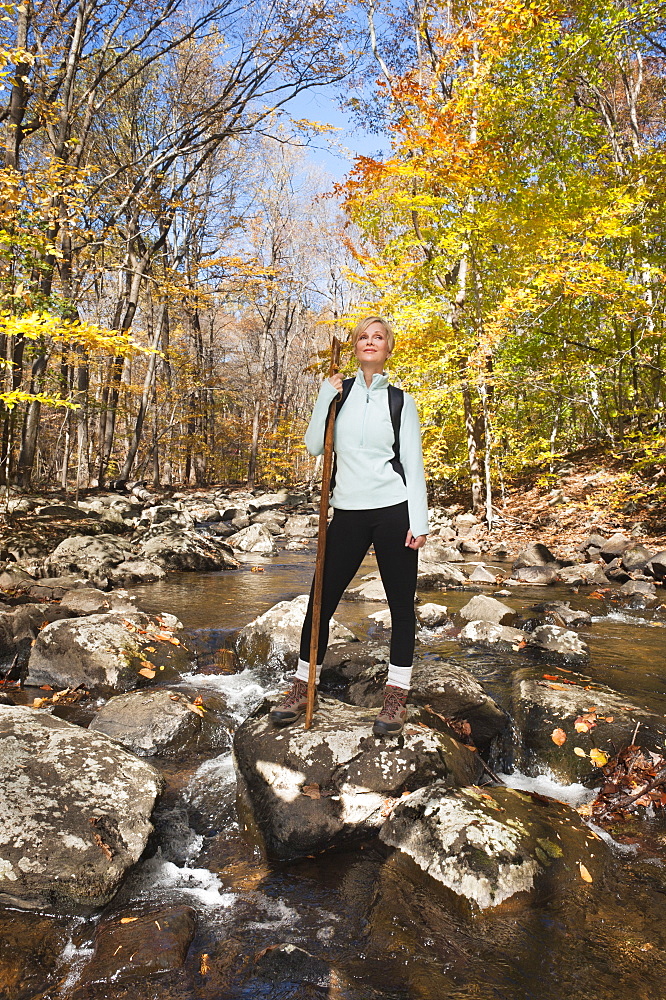 Female hiker standing on rock in stream in forest