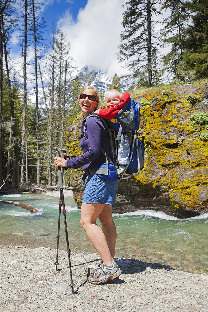 Woman with son (4-5) hiking 