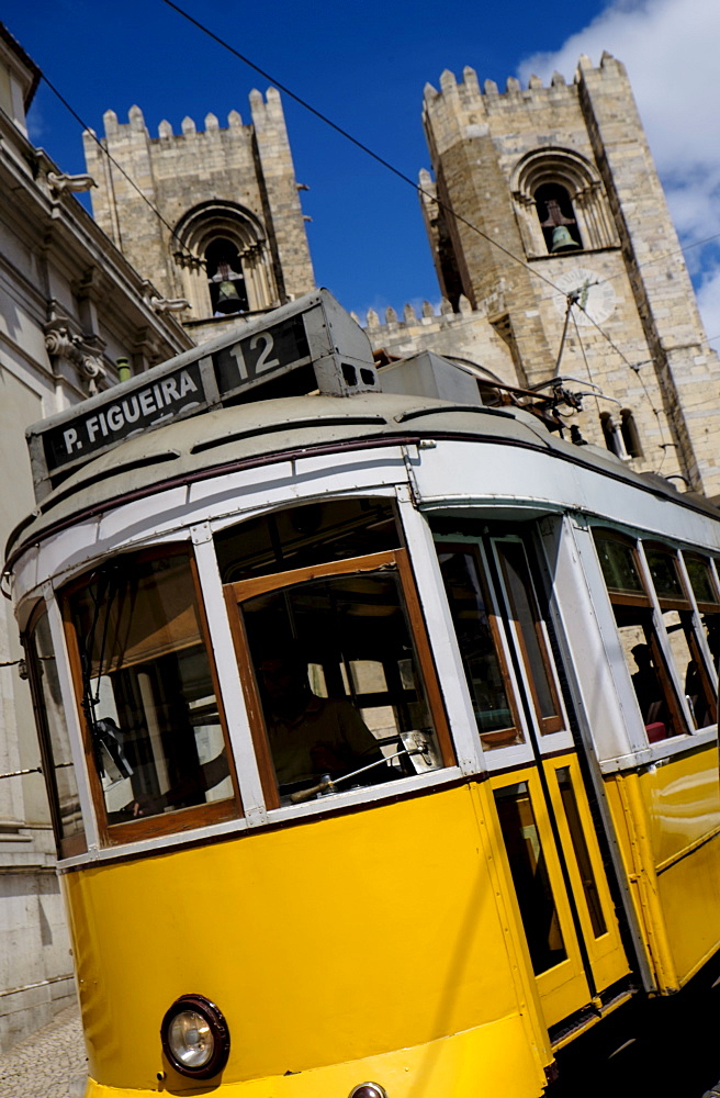 Tram in front of Lisbon Cathedral, Lisbon, Portugal