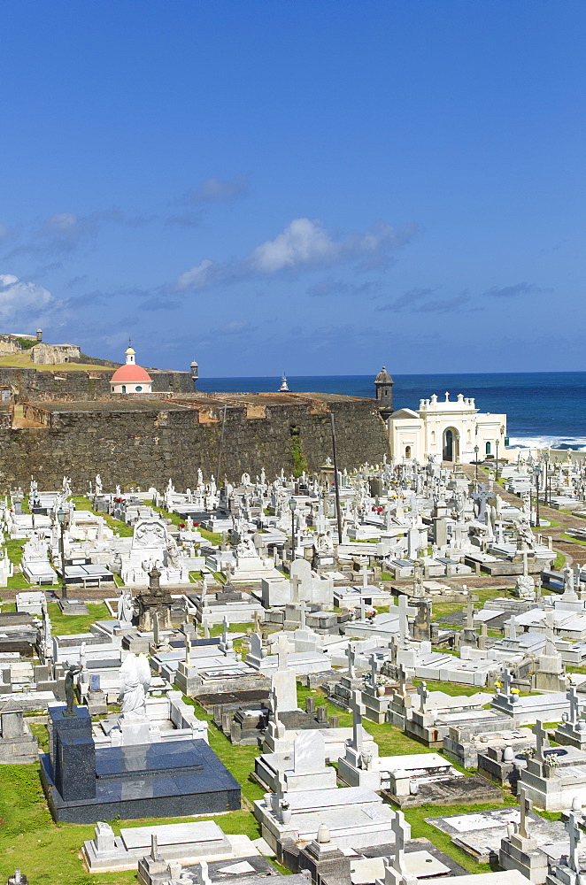 Puerto Rico, Old San Juan, View of Santa Maria Magdalena Cemetery with El Morro Fortress