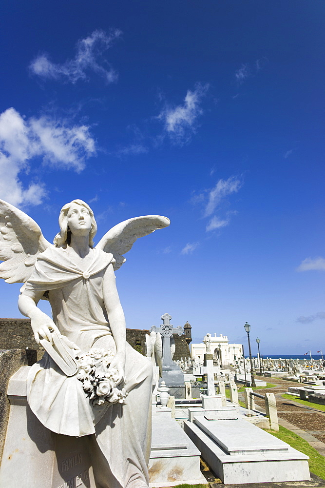 Puerto Rico, Old San Juan, Santa Maria Magdalena Cemetery with El Morro Fortress in background 