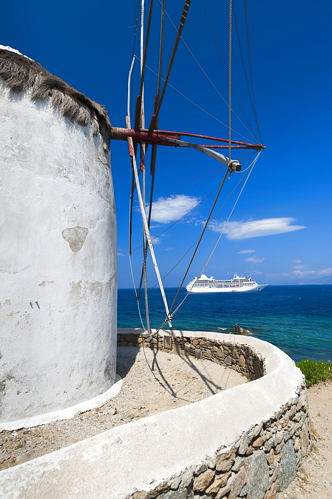 Greece, Cyclades Islands, Mykonos, Old windmill at coast