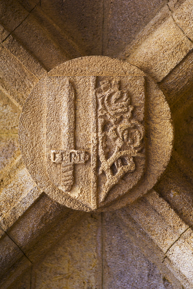 Greece, Rhodes, Stone shield on medieval fortified wall