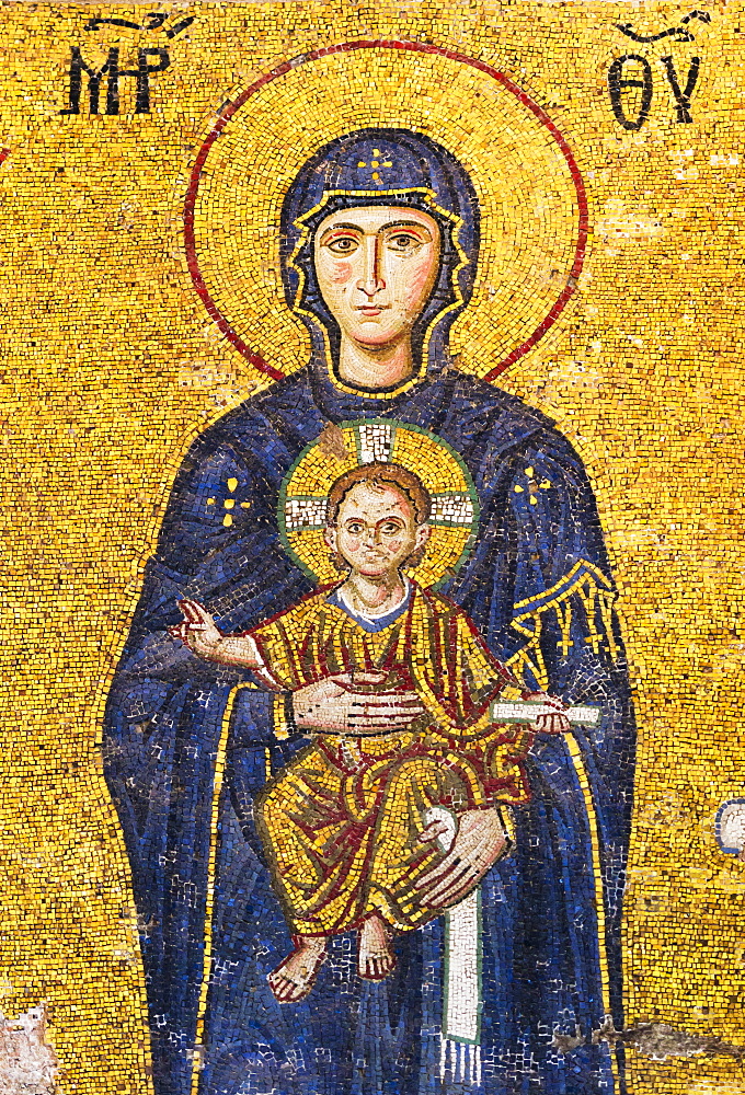 Turkey, Istanbul, Mosaic of Virgin mary holding Jesus in Haghia Sophia Mosque 