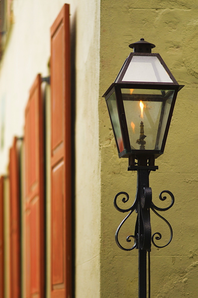 USA, South Carolina, Charleston, Close up of gas street lamp