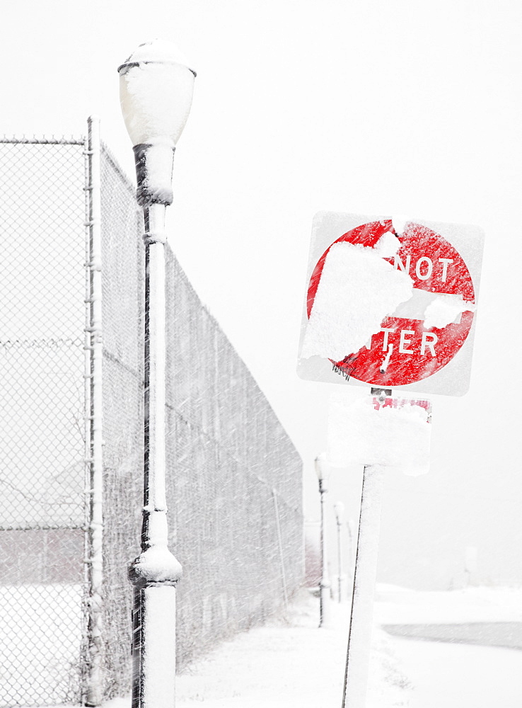 USA, New York State, Rockaway Beach, Do Not Enter Sign covered with snow