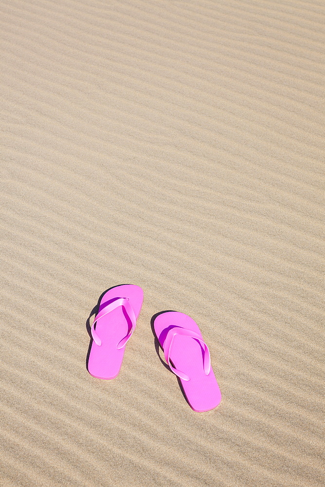 Oregon, Florence, Pink flip-flops on sand dune