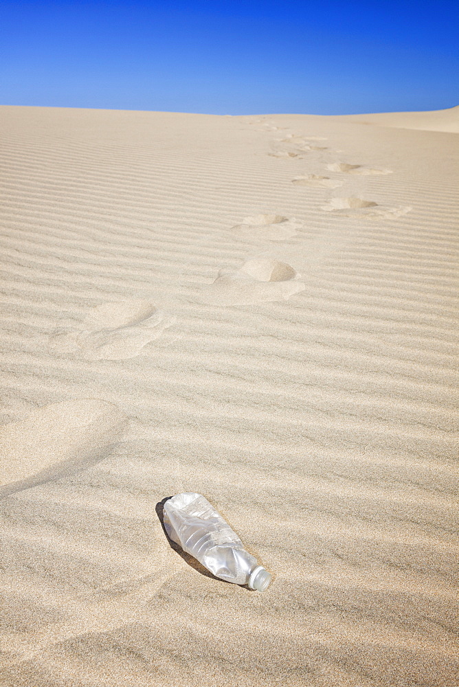 Oregon, Florence, Empty water bottle and foot prints on sand dune