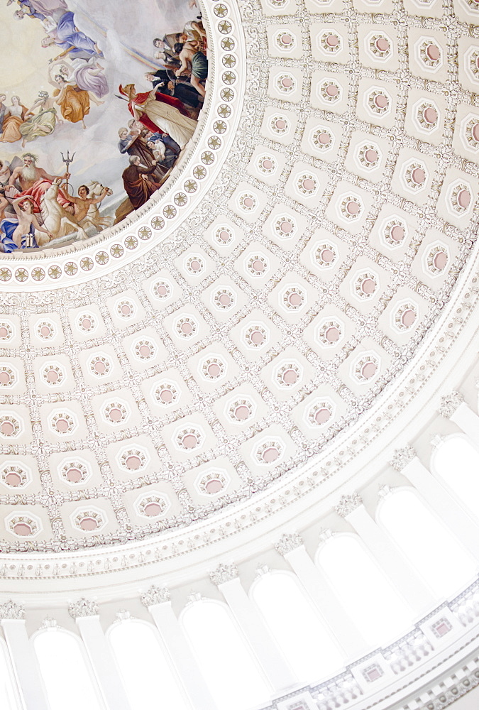 USA, Washington DC, Capitol Building, Close up of fresco and coffers on ceiling