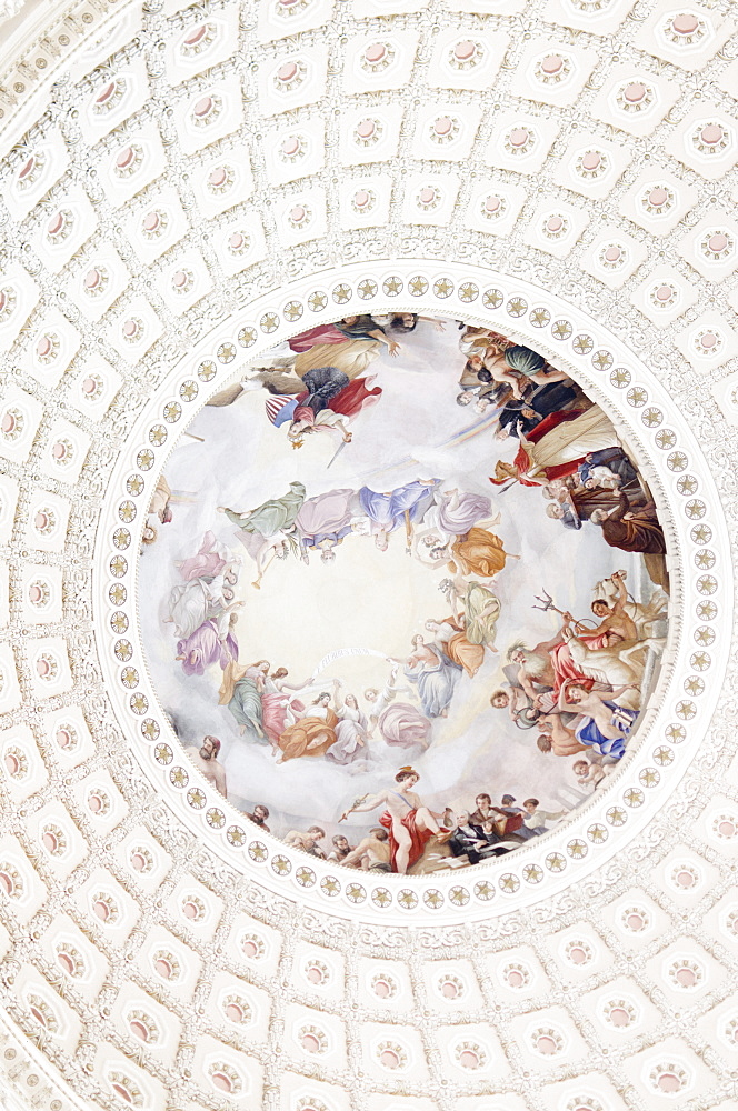 USA, Washington DC, Capitol Building, Close up of fresco and coffers on ceiling