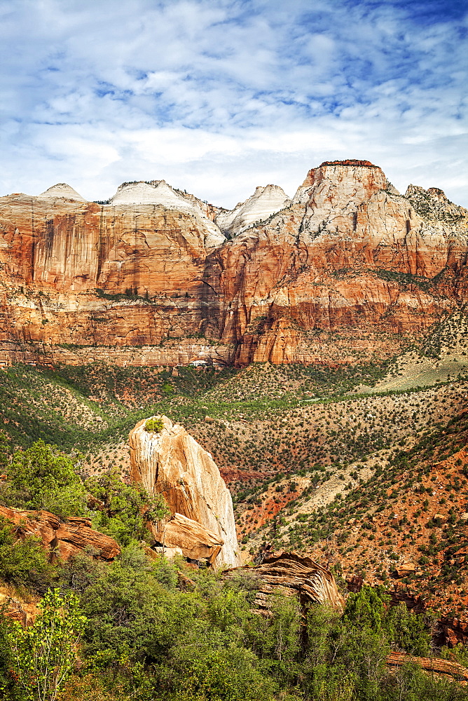 Rocky landscape with plain plants and clouds, USA, Utah, Zion National Park