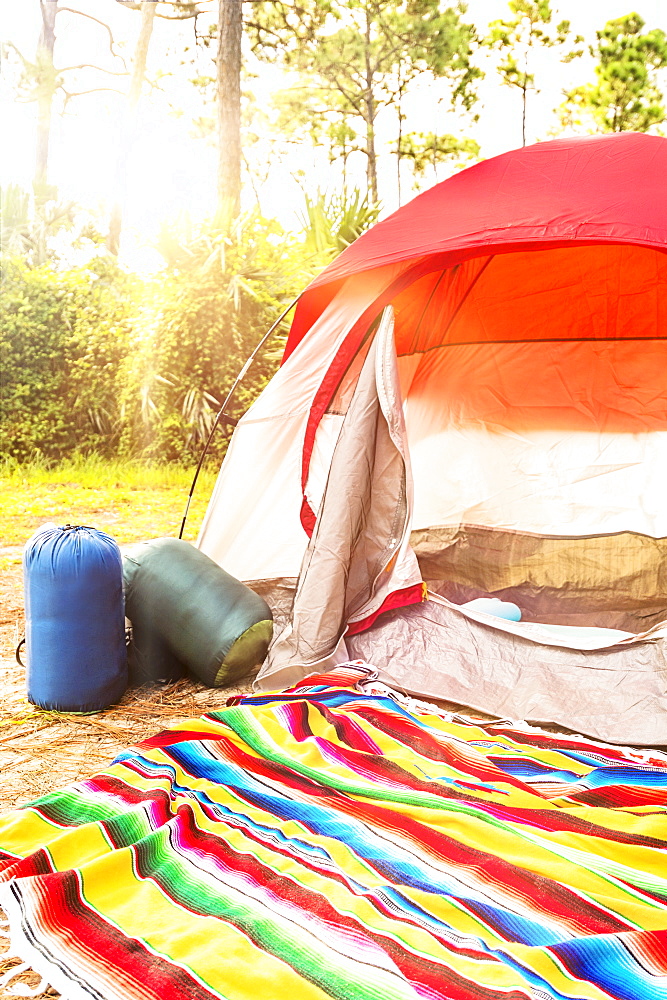 Sleeping bags in front of tent, Tequesta, Florida