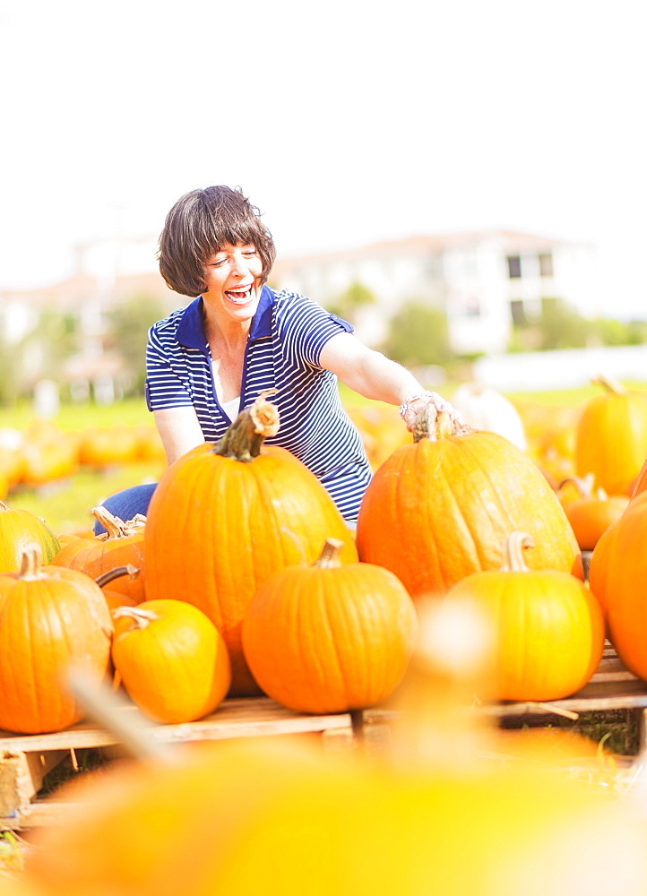 Mature woman picking up pumpkins, Jupiter, Florida