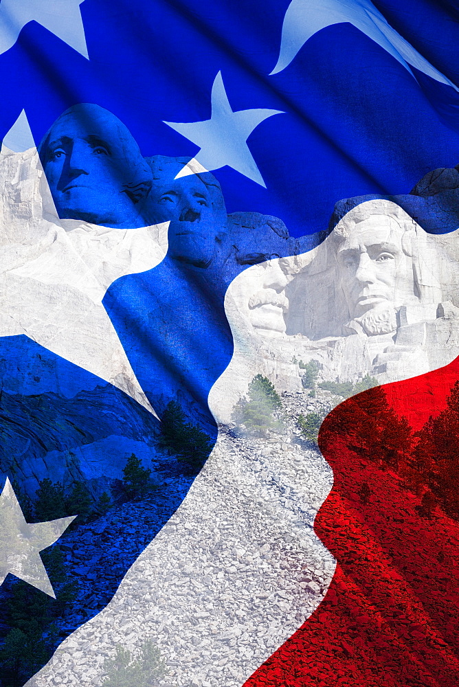 Mount Rushmore National Memorial covered with american flag, USA, South Dakota, Black Hills, Mount Rushmore National Memorial