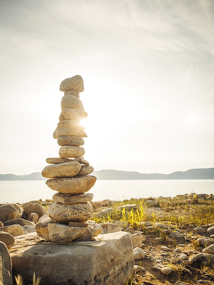 Stack of stones by lake, USA, Utah, Bear Lake