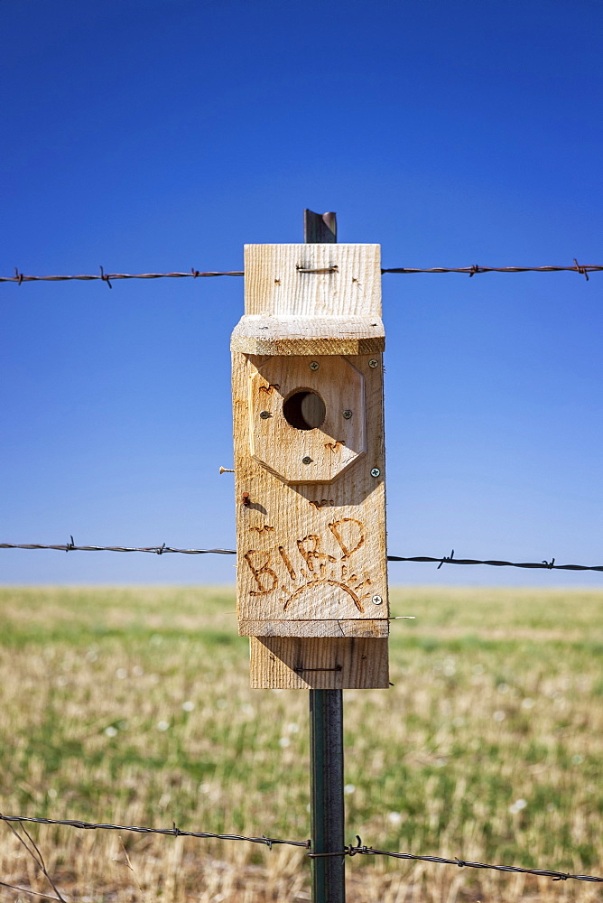 Close-up of wooden birdhouse in field, Wyoming