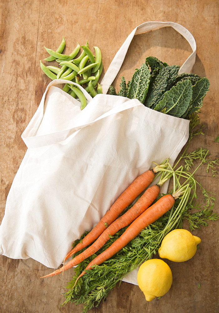 Studio shot of organic vegetables in shopping bag