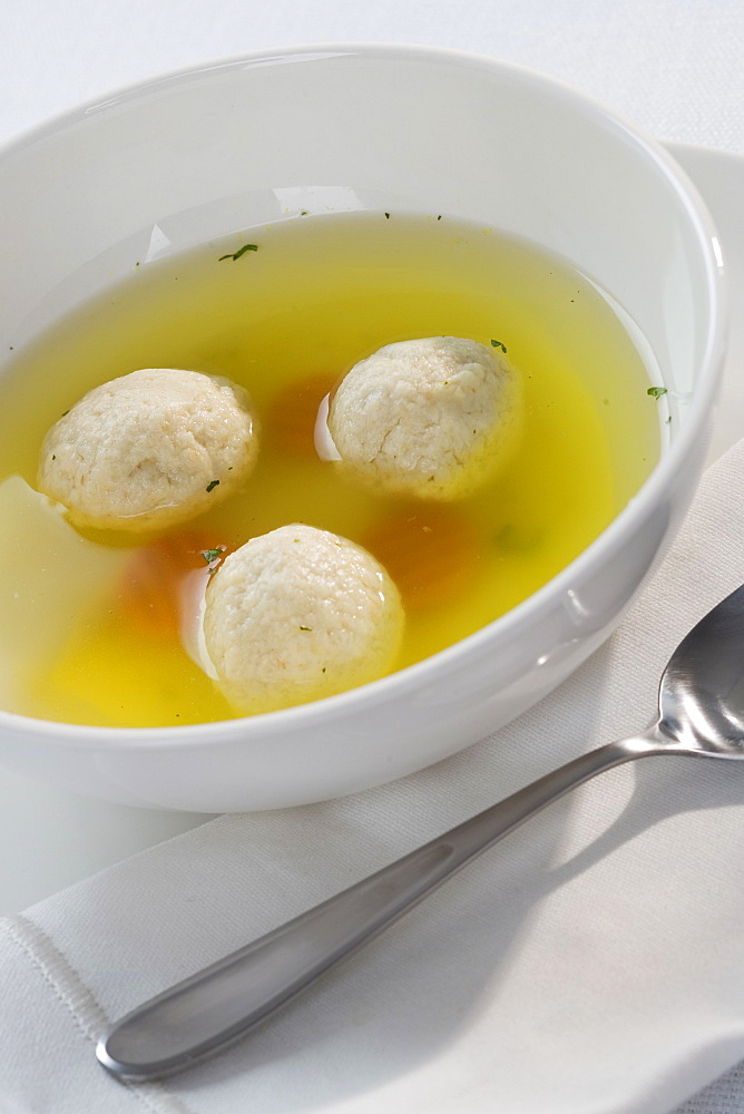 Close up of Matzah ball soup