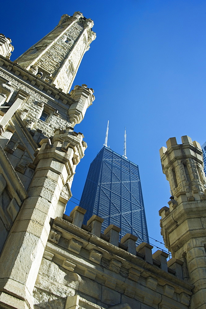 Chicago Water Tower with John Hancock Center behind.